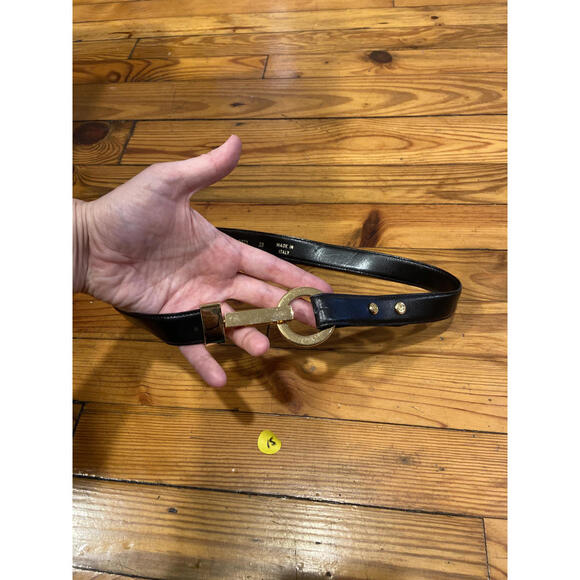 St. John Black Leather Belt with Gold-Tone Buckle